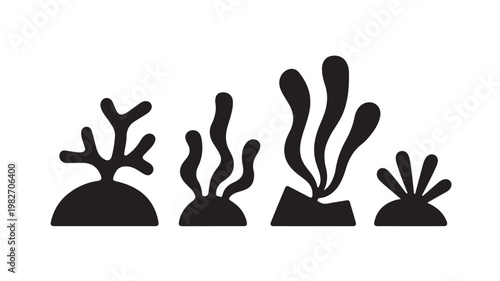 Black aquatic plant silhouettes on white background for nature and design concepts