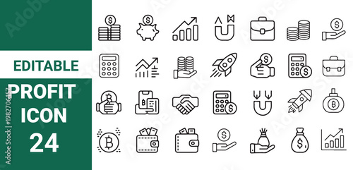 Profit icon set. Containing money, finance, growth, investment, cash, income, savings, earnings, management,