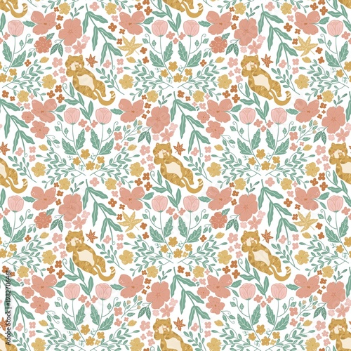 Seamless Cute Cat Floral Pattern with Flowers and Leaves in Pastel Colors