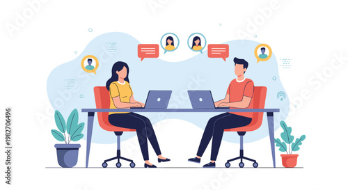 Coworkers work together at a shared desk using laptops while social media icons and profile pictures appear in the background above.