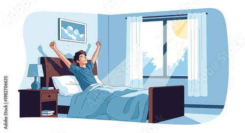 Young man wakes up in his bedroom and stretches his arms while bright morning sunlight streams through the window on a new day.