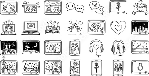Black and White Line Art Love and Relationship Icons Collection. Hand-drawn Doodles for Online Communication, Digital Romance, Dating, and Technology Assets.