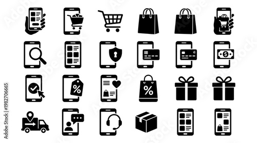 Collection of Various Digital Shopping and E-Commerce Icons for Online Retail UI