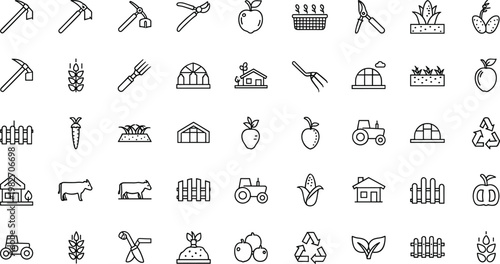 Agriculture and farming line icons set with tools plants animals and equipment isolated on transparent background rural vector illustration collection