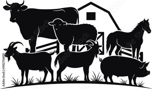 Farm Livestock Silhouette Scene ? Cow, Goat, Sheep, Horse, Pig with Barn and Fence Illustration. isolated on transparent background