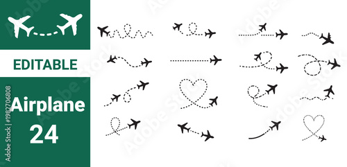 Airplane route with dotted flight path. Flying plane symbol with twisted, curved, straight and heart shape dashed trace path. 