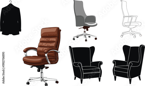 Office and lounge furniture vector collection featuring swivel office chairs, wingback armchairs and hanging jacket silhouette isolated on light background