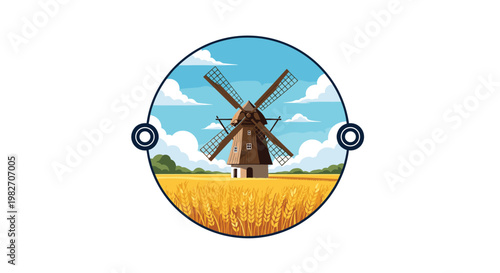 Historic wooden windmill stands in the middle of a golden wheat field under a beautiful blue sky with fluffy white clouds in summer.