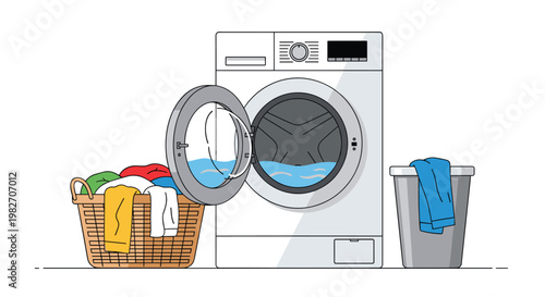 Modern white washing machine stands next to a wicker basket of colorful laundry and a gray bucket with a blue towel in a clean room.