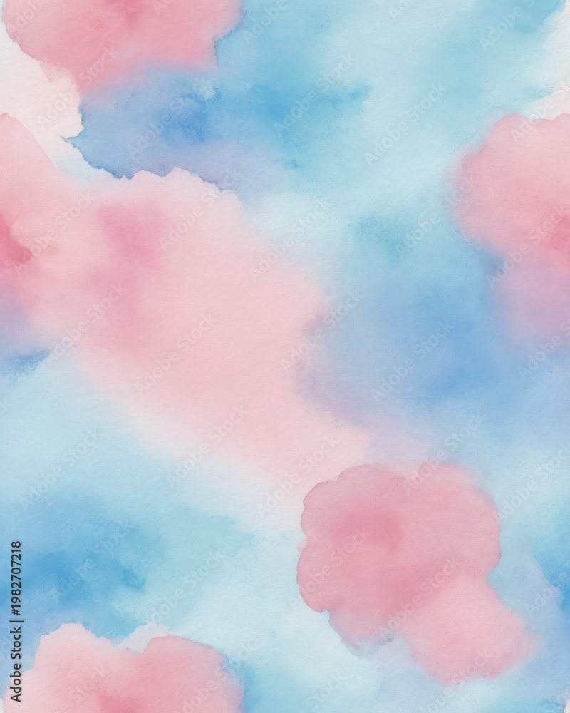 Fototapeta premium Abstract watercolor pastel cotton candy cloud sky wash blue and pink; dreamy ethereal mood with soft texture and blur