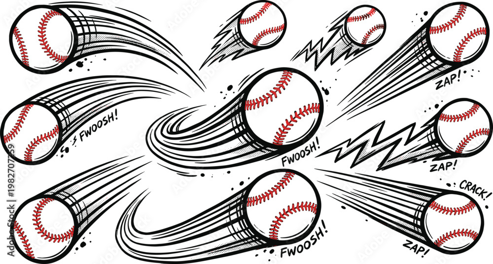 Fototapeta premium Baseball motion effects set, flying sports balls with speed lines, comic action vector illustration collection pack