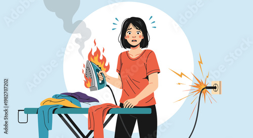 Shocked woman witnesses a dangerous kitchen fire as her clothes iron ignites and sparks fly from a faulty electrical wall socket.