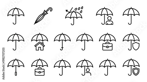 Vector Icon Set of Umbrellas and Travel Accessories for Weather and Rain Themes
