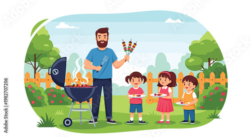 Happy father grills delicious skewers for his three excited children during a family barbecue party in a sunny backyard garden.