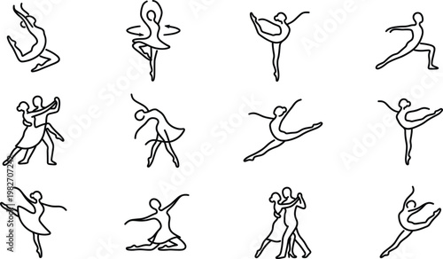 Ballet dance line icons set, graceful dancers and partner poses, minimal vector illustration collection design pack
