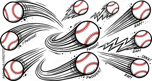 Baseball motion effects set, flying sports balls with speed lines, comic action vector illustration collection pack