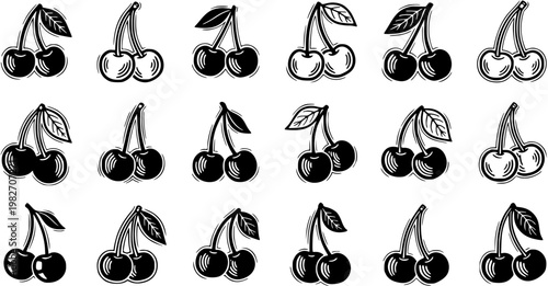 Food  Fruit: Retro Black  White Hand-drawn Cherries Icon Set with Leaves - Vintage Line Art Glyph Collection