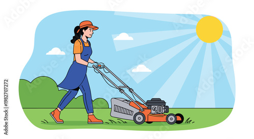 Diligent young woman in blue overalls mows the lush green lawn with a push mower on a bright sunny day in a beautiful garden setting.