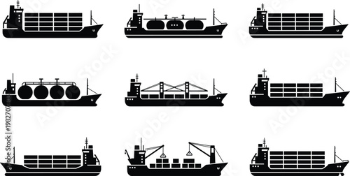 Cargo ship icons set, container tanker transport vessels collection, black vector illustration maritime logistics design pack