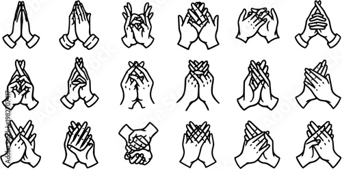 Black  White Line Art Vector Set of Praying Hands and Spiritual Mudra Gestures for Religion, Yoga, and Wellness Iconography