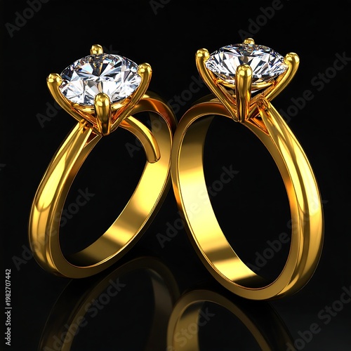Two gold rings with large diamonds on a black background