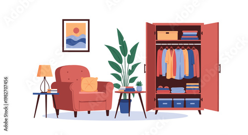 Modern home interior features an organized open wardrobe with various clothes, a comfortable armchair, and vibrant green indoor plants.