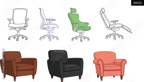 Office swivel chairs and lounge armchairs vector set featuring ergonomic seating designs, modern workplace chairs and comfortable living room armchair furniture