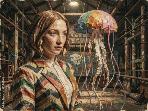 Woman in Patchwork Suit Standing Next to Colorful Paper Jellyfish in Industrial Factory Setting