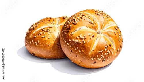 Two sesame seed buns on a white background