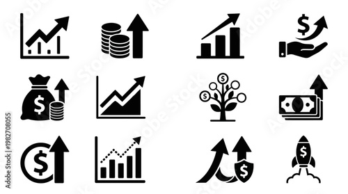Set of Financial Growth and Investment Icons in Modern Style for Business Analysis