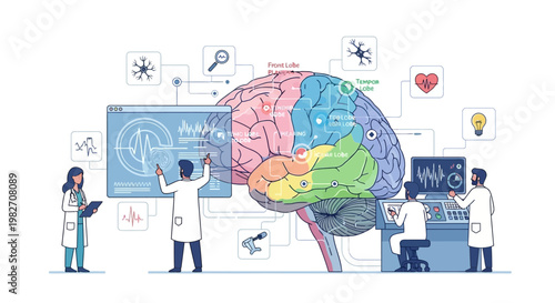 Medical Researchers Analyzing Brain Scan Data and Human Brain Model
