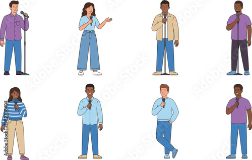 Diverse people microphone characters set, public speaking presenters and singers collection, isolated vector performers group illustration bundle