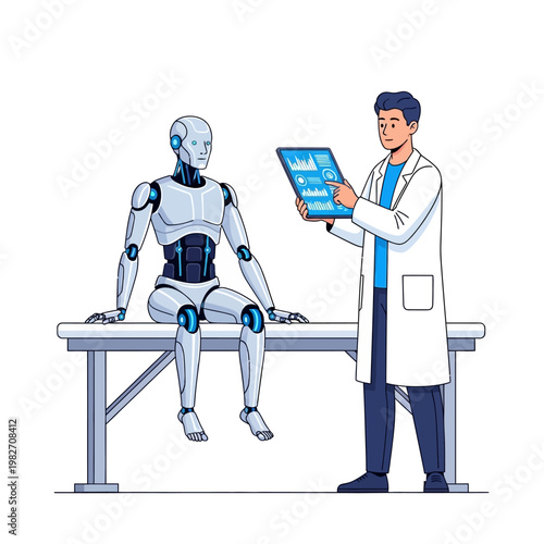 Doctor examining robot with tablet, futuristic healthcare, AI in medicine, technology concept