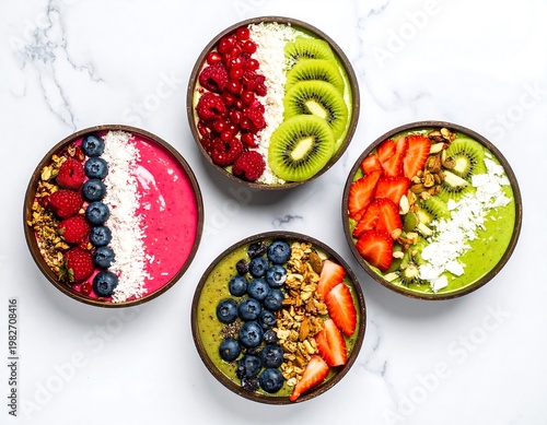 A vibrant and healthy arrangement of smoothie bowls with fresh fruits and granola on a marble surface