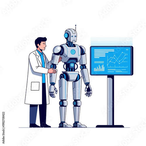 Doctor examining a humanoid robot next to a futuristic data display screen