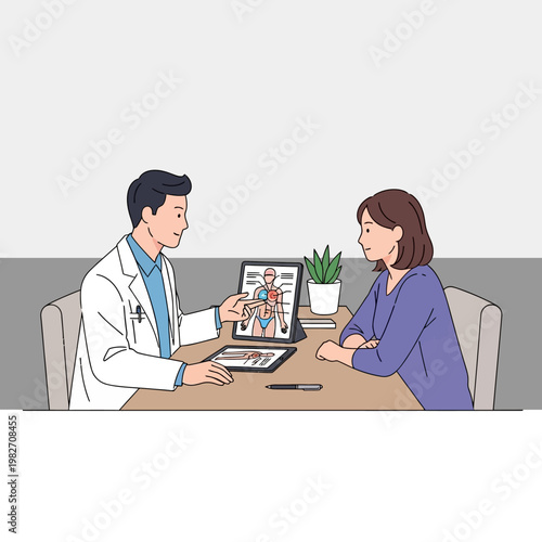 Doctor explains medical condition to patient using tablet with anatomical diagram