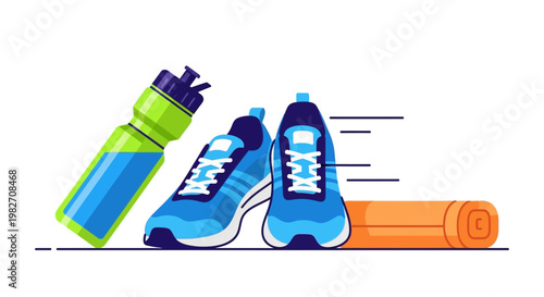 Running shoes and sports equipment for fitness and exercise