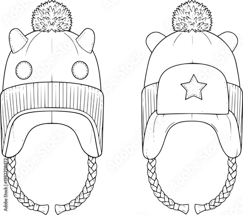 Outline of children's winter hats with ear flaps and pompom white background fashion