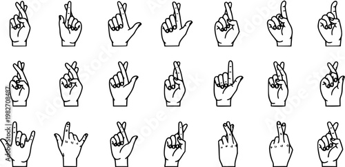 Black and White Line Art Collection of Hand Gestures for Luck and Support