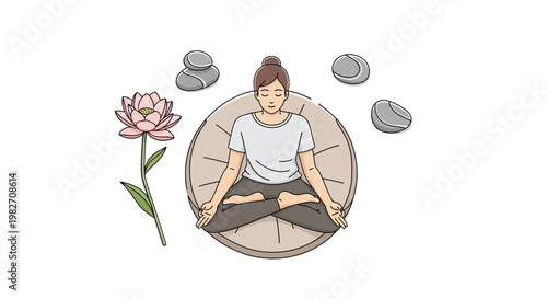 woman meditating on a cushion with a lotus flower and stones
