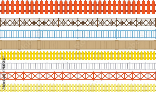 Fence border collection illustration set, seamless wooden metal and decorative fences for garden yard boundaries and outdoor landscape design, construction pattern concept