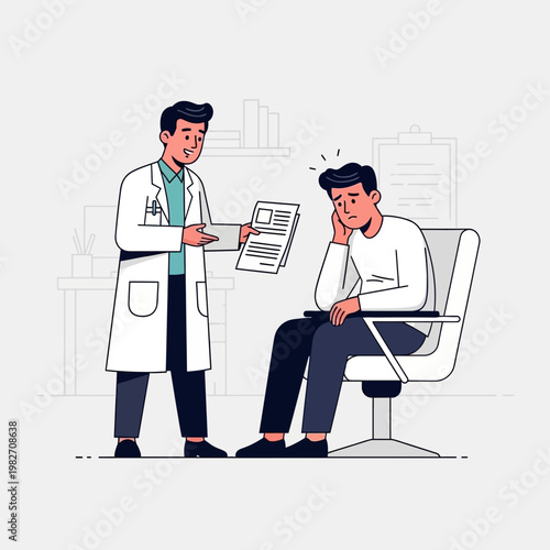 Doctor showing medical report to worried patient sitting in clinic waiting room