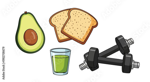 Healthy lifestyle choices food and exercise avocado toast dumbbells
