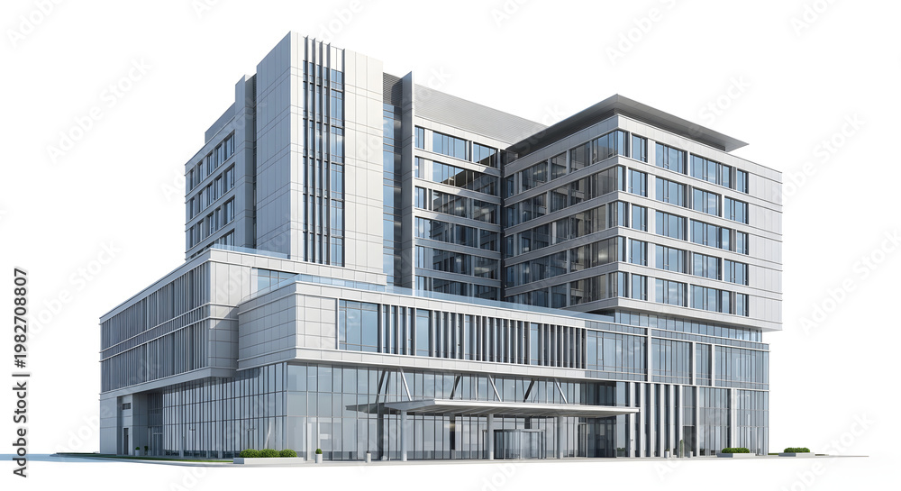 Fototapeta premium A large modern office building stands prominently in the cityscape with sleek architecture.