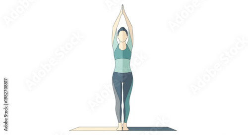 Woman in Mountain Pose on Yoga Mat with Hands Raised Overhead