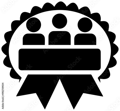 Simple black silhouette icon representing a group of three people sitting around a conference table symbolizing teamwork meetings and collaborative decision making enclosed