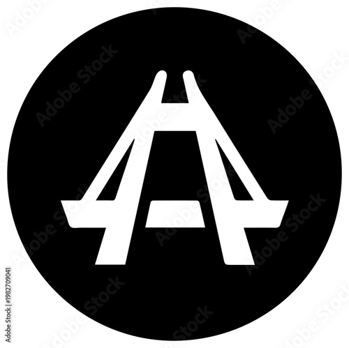 Modern stylized white bridge icon symbolizing connection teamwork and overcoming obstacles set against a solid black circular background representing abstract concepts and digital