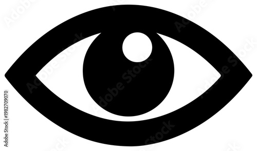 Stylized black solid icon representing an eye with a central pupil and iris symbolizing vision ophthalmology eye care and contact lens solutions perfect for medical or optical