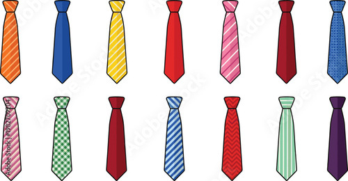 Necktie collection illustration set, colorful formal ties with different patterns for business fashion accessories and clothing style design, men wardrobe concept