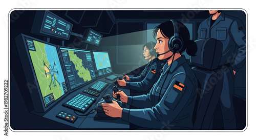 Female Drone Operator at Military Console – Remote Systems Control Room Scene